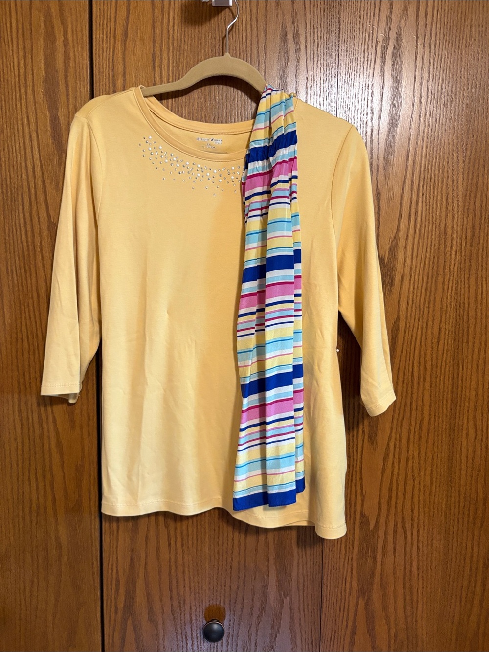 Studio Works Pale Yellow Rhinestone Scoop Neck 3/4 Sleeve Tee